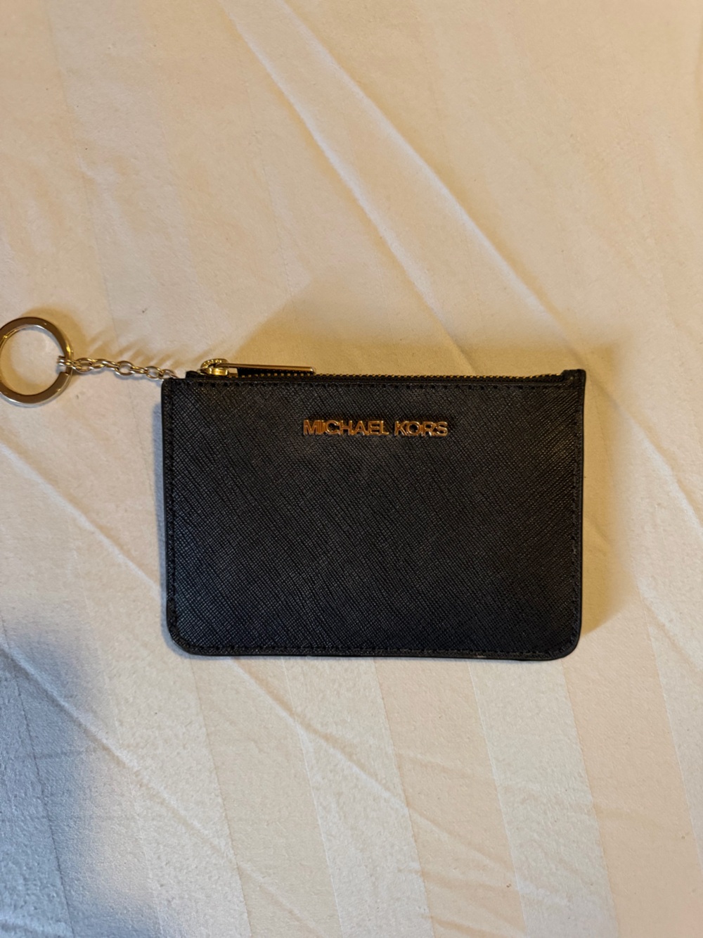 Michael Kors Black Saffiano Zip Key Card Case with Gold Hardware